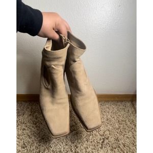 VINCE CAMUTO Amtinda Bootie Taupe Suede Square Toe Boot